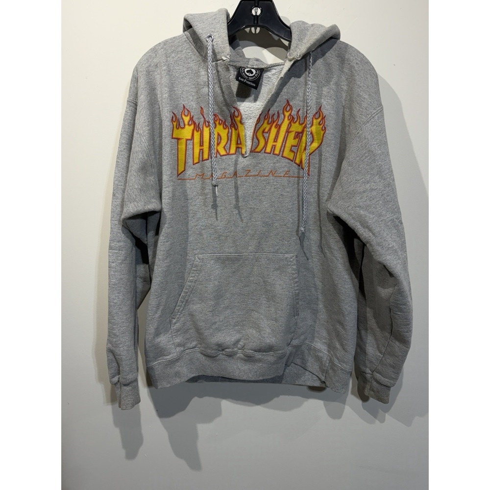 Thrasher Magazine Logo Hoodie Size M Gray Skateboarding Cut V In Front